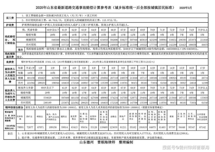 2022年山东省交通事故赔偿标准表